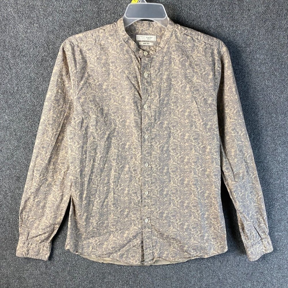 Celio Long Sleeve Button Up Shirt 16 Large Slim Fit Men's Floral Adults Cotton